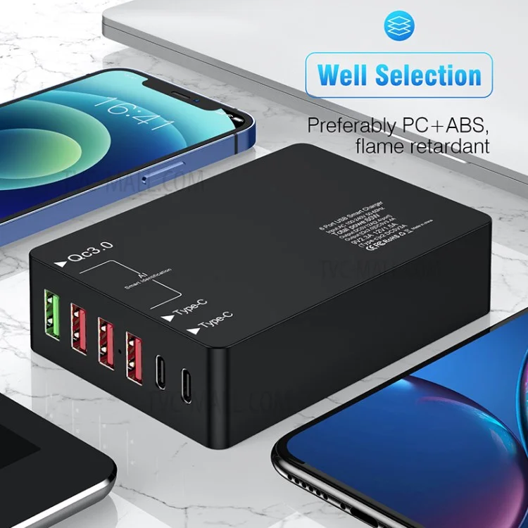 6 Ports Dual Type-c + Qc3.0 Téléphone Tablet Mur Chargeur Adaptateur D'alimentation de Chargement Rapide - Bouche Britannique