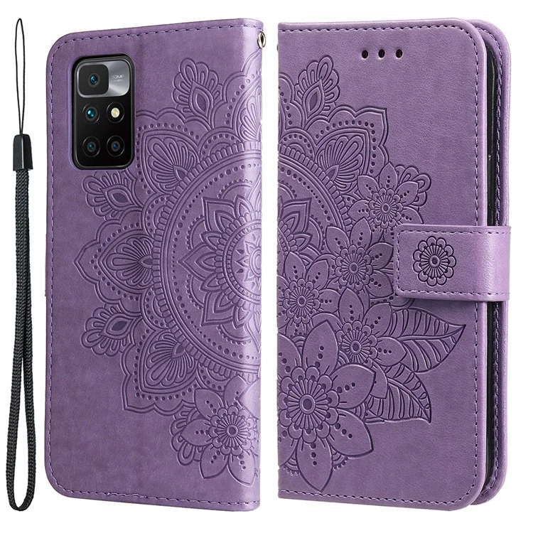 Phone Flip Case Stylish Imprint Flower Pattern PU Leather Wallet Phone Cover with Wrist Strap for Xiaomi Redmi 10 4G (2021)/Redmi 10 2022 4G/Redmi Note 11 4G (MediaTek)/Redmi 10 Prime - Purple