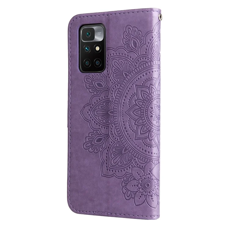 Phone Flip Case Stylish Imprint Flower Pattern PU Leather Wallet Phone Cover with Wrist Strap for Xiaomi Redmi 10 4G (2021)/Redmi 10 2022 4G/Redmi Note 11 4G (MediaTek)/Redmi 10 Prime - Purple