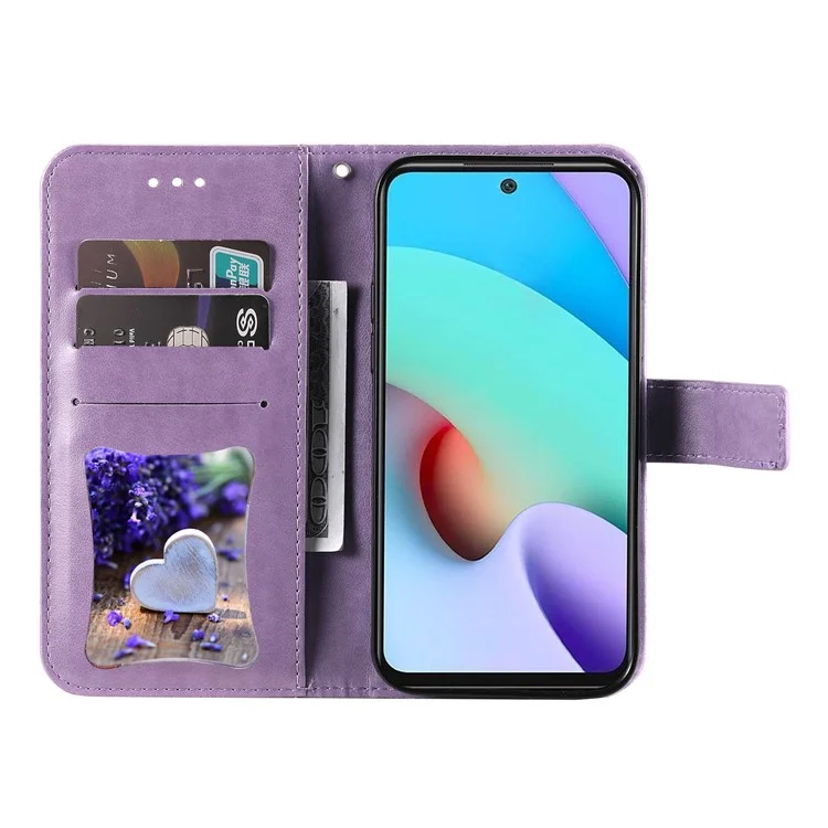Phone Flip Case Stylish Imprint Flower Pattern PU Leather Wallet Phone Cover with Wrist Strap for Xiaomi Redmi 10 4G (2021)/Redmi 10 2022 4G/Redmi Note 11 4G (MediaTek)/Redmi 10 Prime - Purple