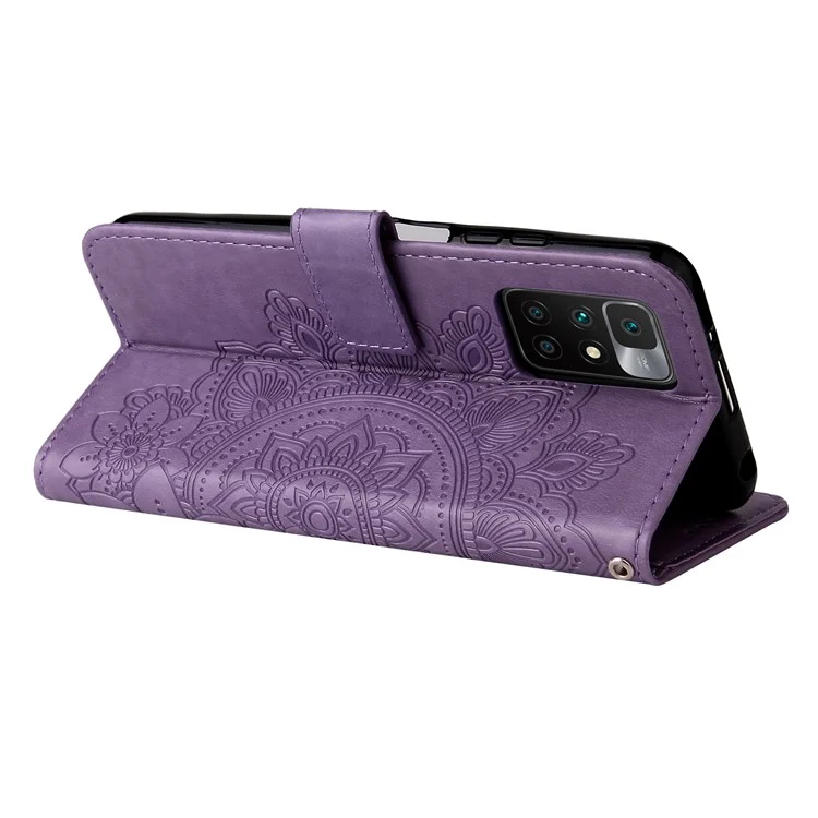 Phone Flip Case Stylish Imprint Flower Pattern PU Leather Wallet Phone Cover with Wrist Strap for Xiaomi Redmi 10 4G (2021)/Redmi 10 2022 4G/Redmi Note 11 4G (MediaTek)/Redmi 10 Prime - Purple