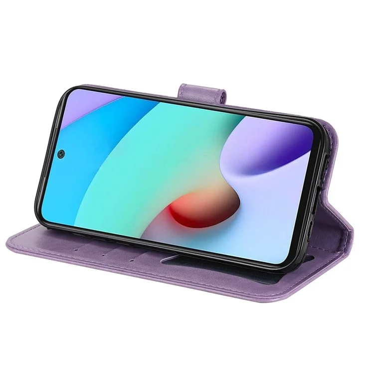 Phone Flip Case Stylish Imprint Flower Pattern PU Leather Wallet Phone Cover with Wrist Strap for Xiaomi Redmi 10 4G (2021)/Redmi 10 2022 4G/Redmi Note 11 4G (MediaTek)/Redmi 10 Prime - Purple