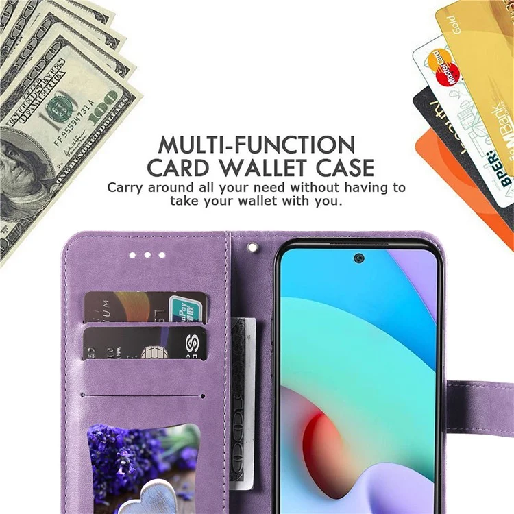 Phone Flip Case Stylish Imprint Flower Pattern PU Leather Wallet Phone Cover with Wrist Strap for Xiaomi Redmi 10 4G (2021)/Redmi 10 2022 4G/Redmi Note 11 4G (MediaTek)/Redmi 10 Prime - Purple
