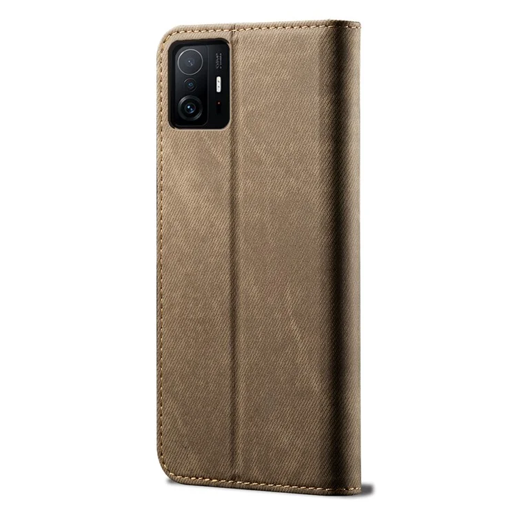 Jeans Cloth Texture Auto-absorbed Full Body Protection Stylish Wallet Design Leather Phone Case with Stand for Xiaomi 11T Pro - Verde