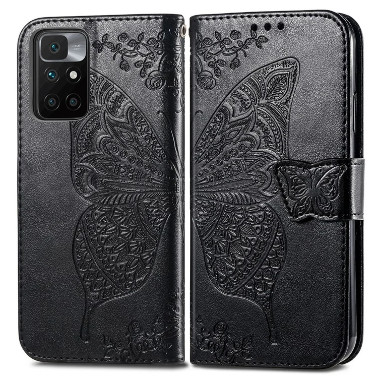 Impresión de la Billetera de la Billetera de Cuero de Flores de Mariposa Flip Shell Shell Para Xiaomi Redmi 10 4G (2021)/Redmi 10 2022 4G/Redmi Nota 11 4G (MediaTek)/Redmi 10 Prime - Negro