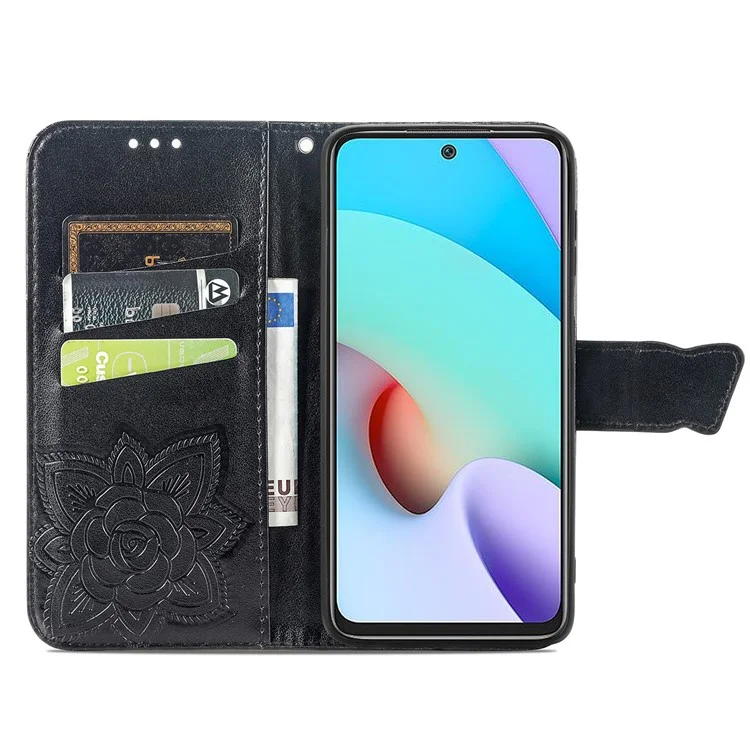 Impresión de la Billetera de la Billetera de Cuero de Flores de Mariposa Flip Shell Shell Para Xiaomi Redmi 10 4G (2021)/Redmi 10 2022 4G/Redmi Nota 11 4G (MediaTek)/Redmi 10 Prime - Negro