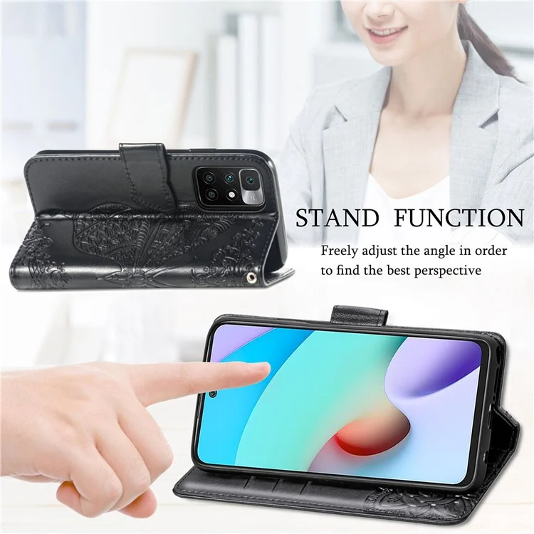 Impresión de la Billetera de la Billetera de Cuero de Flores de Mariposa Flip Shell Shell Para Xiaomi Redmi 10 4G (2021)/Redmi 10 2022 4G/Redmi Nota 11 4G (MediaTek)/Redmi 10 Prime - Negro