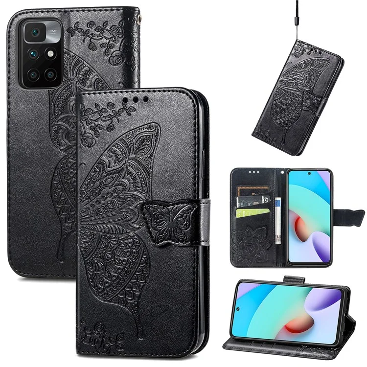 Impresión de la Billetera de la Billetera de Cuero de Flores de Mariposa Flip Shell Shell Para Xiaomi Redmi 10 4G (2021)/Redmi 10 2022 4G/Redmi Nota 11 4G (MediaTek)/Redmi 10 Prime - Negro