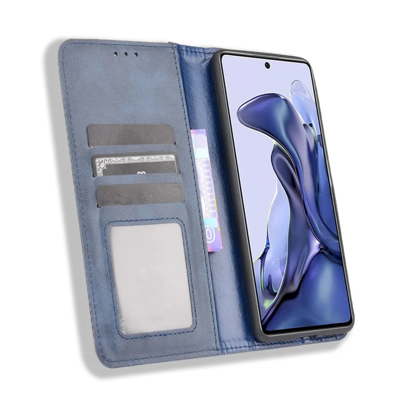 Retro Textured Surface Phone Leather Case Shockproof Leather Phone Wallet Stand Cover for Xiaomi 11T Pro / Xiaomi 11T - Blue