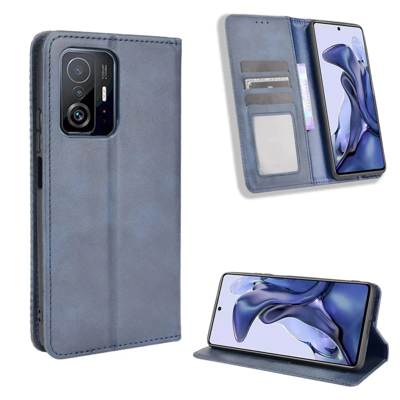 Retro Textured Surface Phone Leather Case Shockproof Leather Phone Wallet Stand Cover for Xiaomi 11T Pro / Xiaomi 11T - Blue