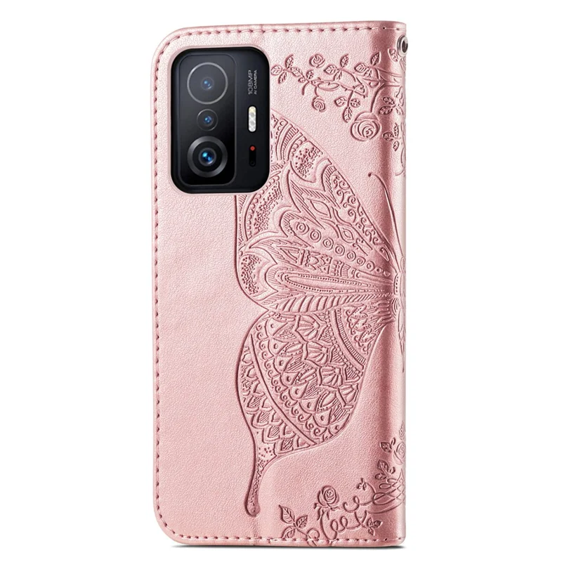 Imprinting Butterfly Flower Pattern Wallet Stand Phone Case Leather Cover for Xiaomi 11T / 11T Pro - Rose Gold