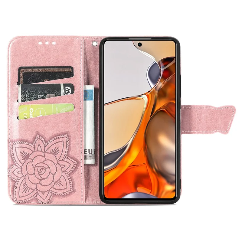 Imprinting Butterfly Flower Pattern Wallet Stand Phone Case Leather Cover for Xiaomi 11T / 11T Pro - Rose Gold