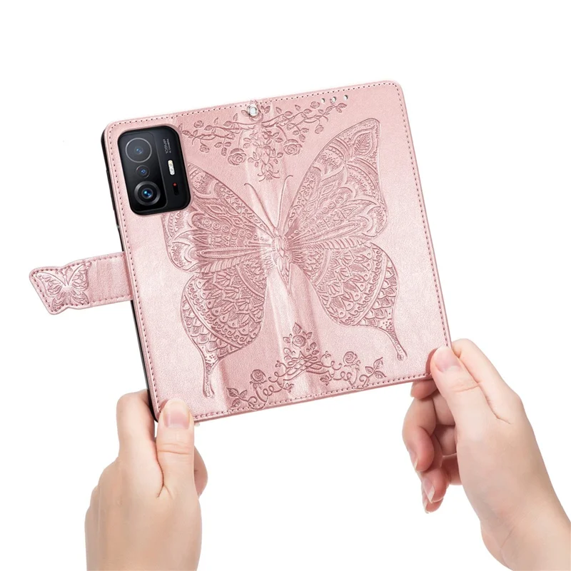Imprinting Butterfly Flower Pattern Wallet Stand Phone Case Leather Cover for Xiaomi 11T / 11T Pro - Rose Gold