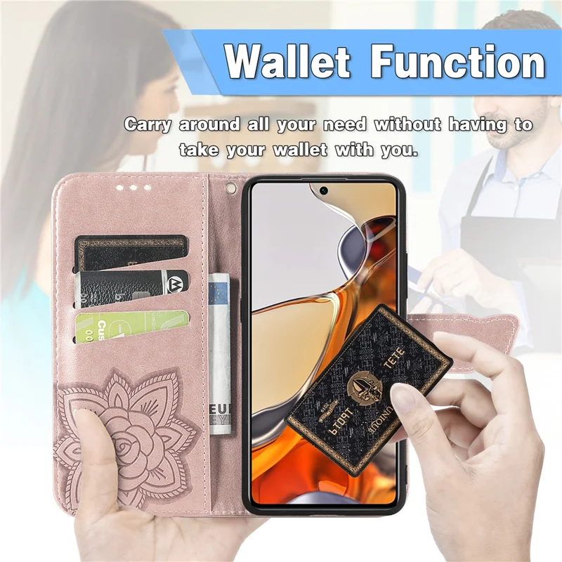Imprinting Butterfly Flower Pattern Wallet Stand Phone Case Leather Cover for Xiaomi 11T / 11T Pro - Rose Gold