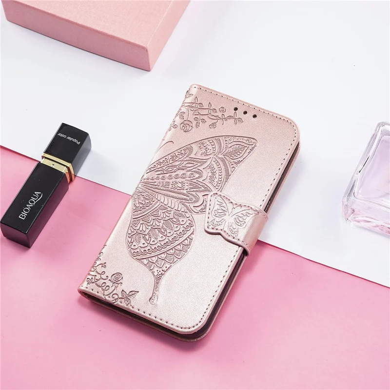 Imprinting Butterfly Flower Pattern Wallet Stand Phone Case Leather Cover for Xiaomi 11T / 11T Pro - Rose Gold