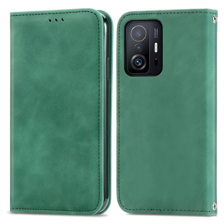 Capa de Telefone em Couro Vintage com Estilo Magnético, Toque na Pele e Compartimentos para Cartões para Xiaomi 11T / 11T Pro - Verde
