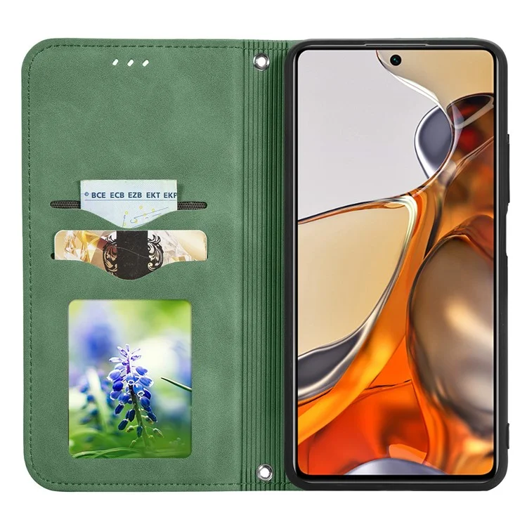 Capa de Telefone em Couro Vintage com Estilo Magnético, Toque na Pele e Compartimentos para Cartões para Xiaomi 11T / 11T Pro - Verde