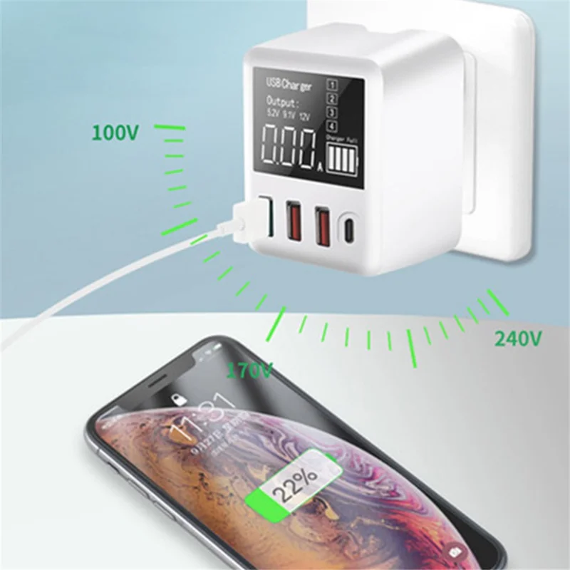 A9T+ USB+Type C 4-Port 40W Quick Charge Wall Adapter PD QC 3.0 Fast Charger with LCD Display - EU Plug