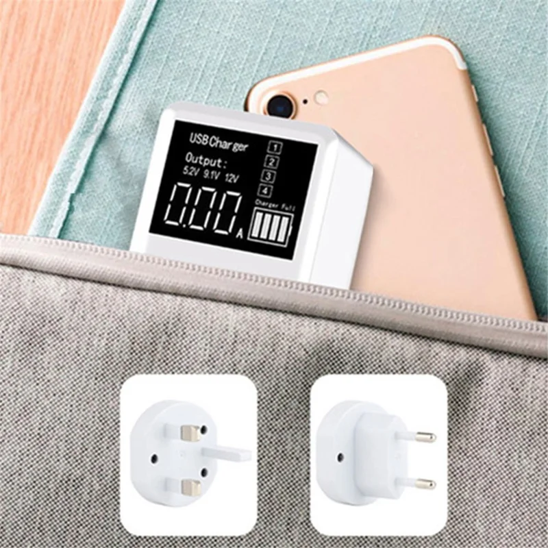 A9T+ USB+Type C 4-Port 40W Quick Charge Wall Adapter PD QC 3.0 Fast Charger with LCD Display - EU Plug