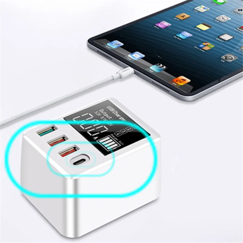 A9T+ USB+Type C 4-Port 40W Quick Charge Wall Adapter PD QC 3.0 Fast Charger with LCD Display - EU Plug