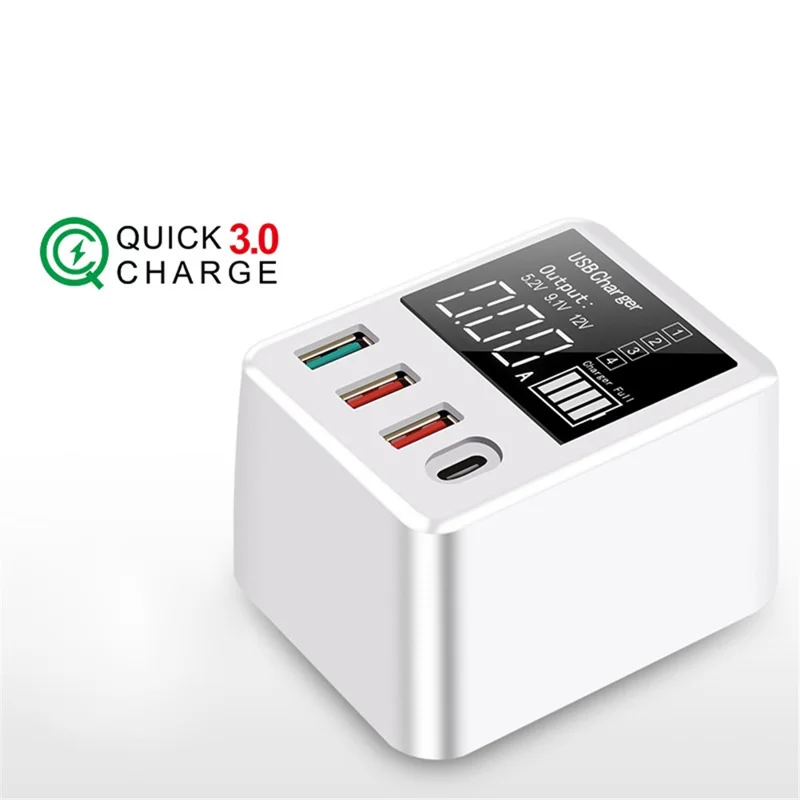 A9T+ USB+Type C 4-Port 40W Quick Charge Wall Adapter PD QC 3.0 Fast Charger with LCD Display - EU Plug