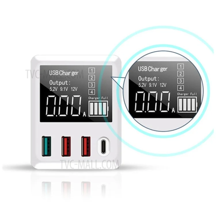 A9T+ USB+Type C 4-Port 40W Quick Charge Wall Adapter PD QC 3.0 Fast Charger with LCD Display - AU Plug