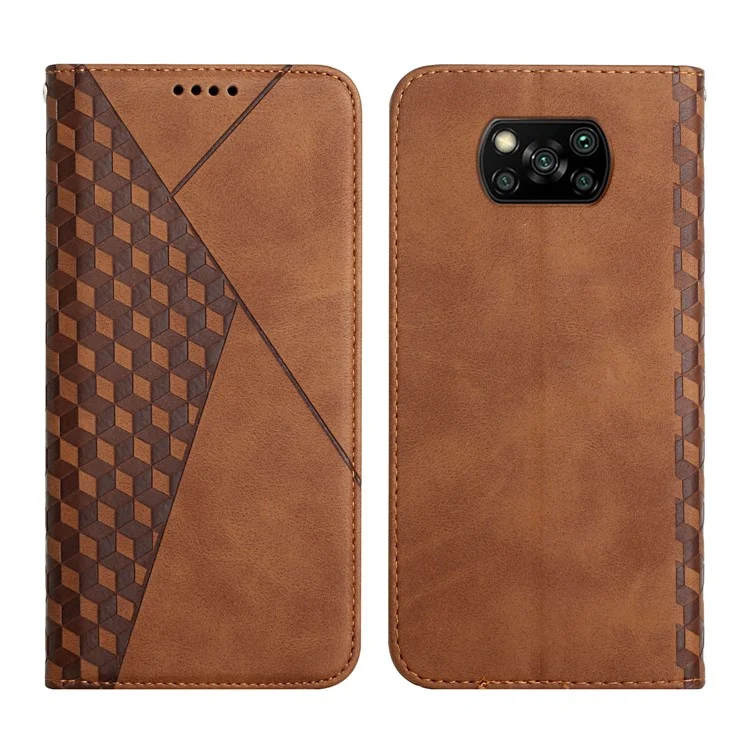 Rhombus Padrão de Rhombus Auto-absorvido Por Telefone de Couro de Toque de Pele Com Carteira de Suporte Para Xiaomi Poco X3/poco X3 Nfc/poco X3 Pro - Castanho