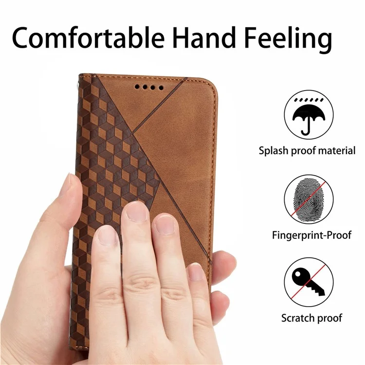 Rhombus Padrão de Rhombus Auto-absorvido Por Telefone de Couro de Toque de Pele Com Carteira de Suporte Para Xiaomi Poco X3/poco X3 Nfc/poco X3 Pro - Castanho