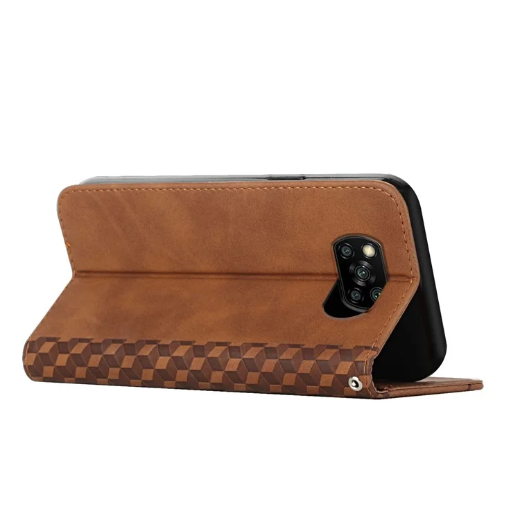 Rhombus Padrão de Rhombus Auto-absorvido Por Telefone de Couro de Toque de Pele Com Carteira de Suporte Para Xiaomi Poco X3/poco X3 Nfc/poco X3 Pro - Castanho