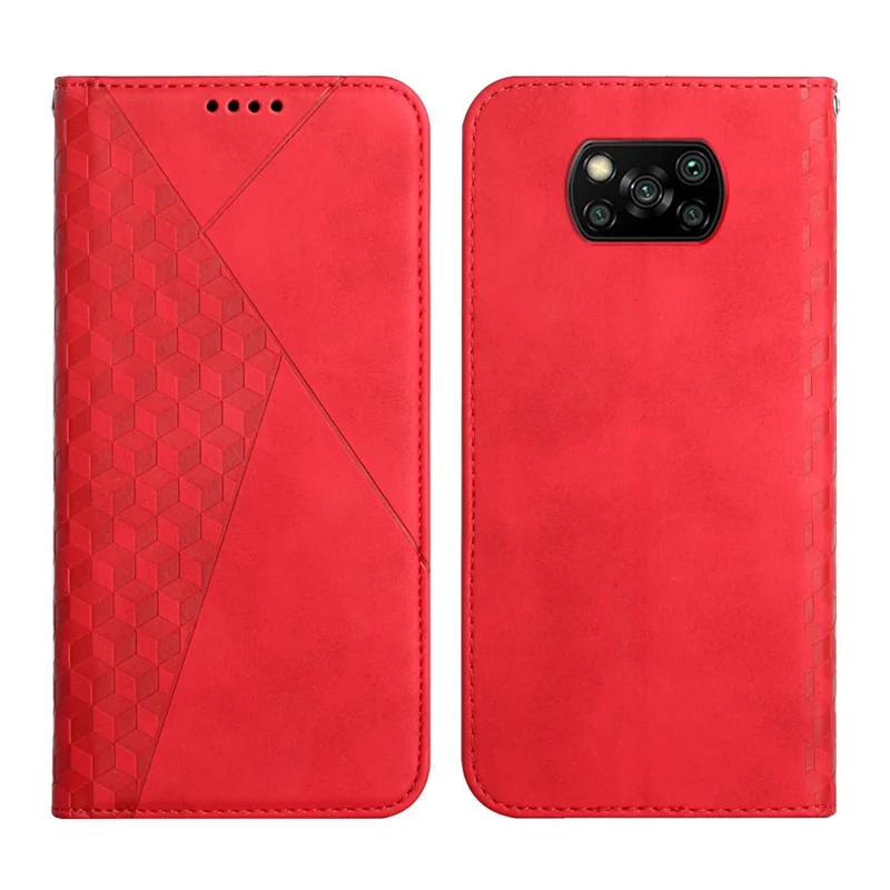 Rhombus Pattern Auto-absorbed Skin-touch Leather Phone Case Shell with Stand Wallet for Xiaomi Poco X3/Poco X3 NFC/Poco X3 Pro - Red