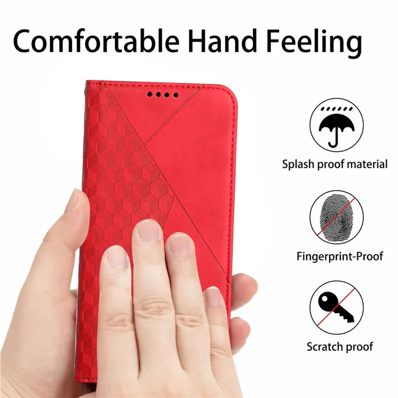 Rhombus Padrão de Rhombus Auto-absorvido Por Telefone de Couro de Toque de Pele Com Carteira de Suporte Para Xiaomi Poco X3/poco X3 Nfc/poco X3 Pro - Vermelho