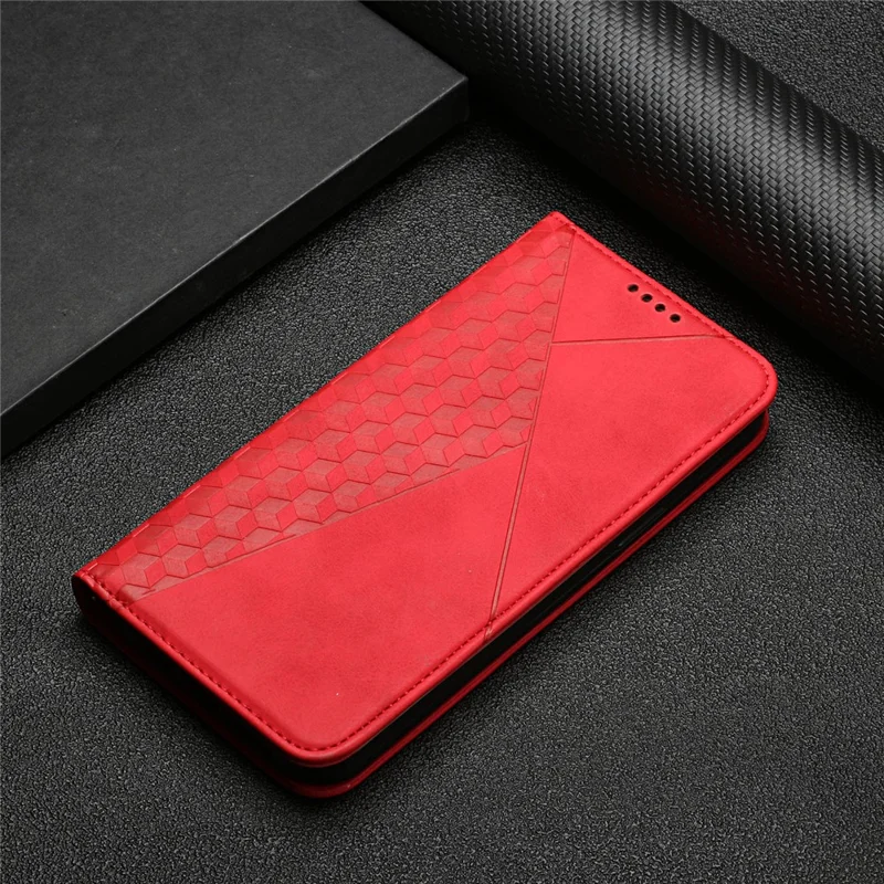 Rhombus Padrão de Rhombus Auto-absorvido Por Telefone de Couro de Toque de Pele Com Carteira de Suporte Para Xiaomi Poco X3/poco X3 Nfc/poco X3 Pro - Vermelho