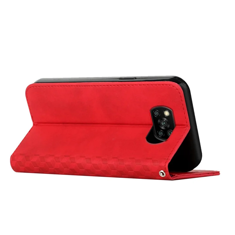 Rhombus Padrão de Rhombus Auto-absorvido Por Telefone de Couro de Toque de Pele Com Carteira de Suporte Para Xiaomi Poco X3/poco X3 Nfc/poco X3 Pro - Vermelho