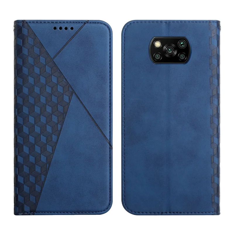 Rhombus Pattern Auto-absorbed Skin-touch Leather Phone Case Shell with Stand Wallet for Xiaomi Poco X3/Poco X3 NFC/Poco X3 Pro - Sapphire