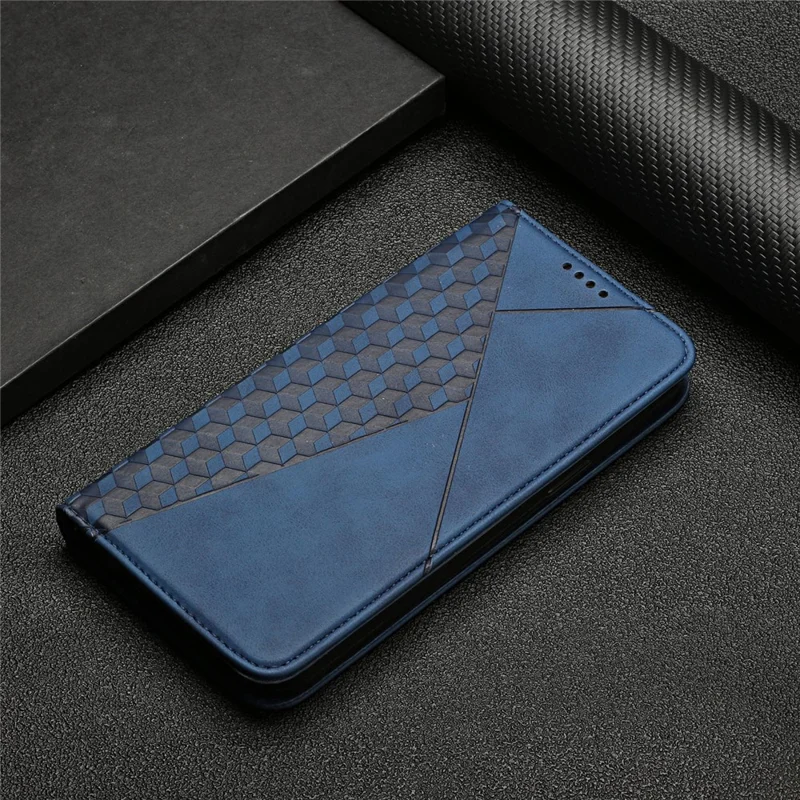 Rhombus Pattern Auto-absorbed Skin-touch Leather Phone Case Shell with Stand Wallet for Xiaomi Poco X3/Poco X3 NFC/Poco X3 Pro - Sapphire