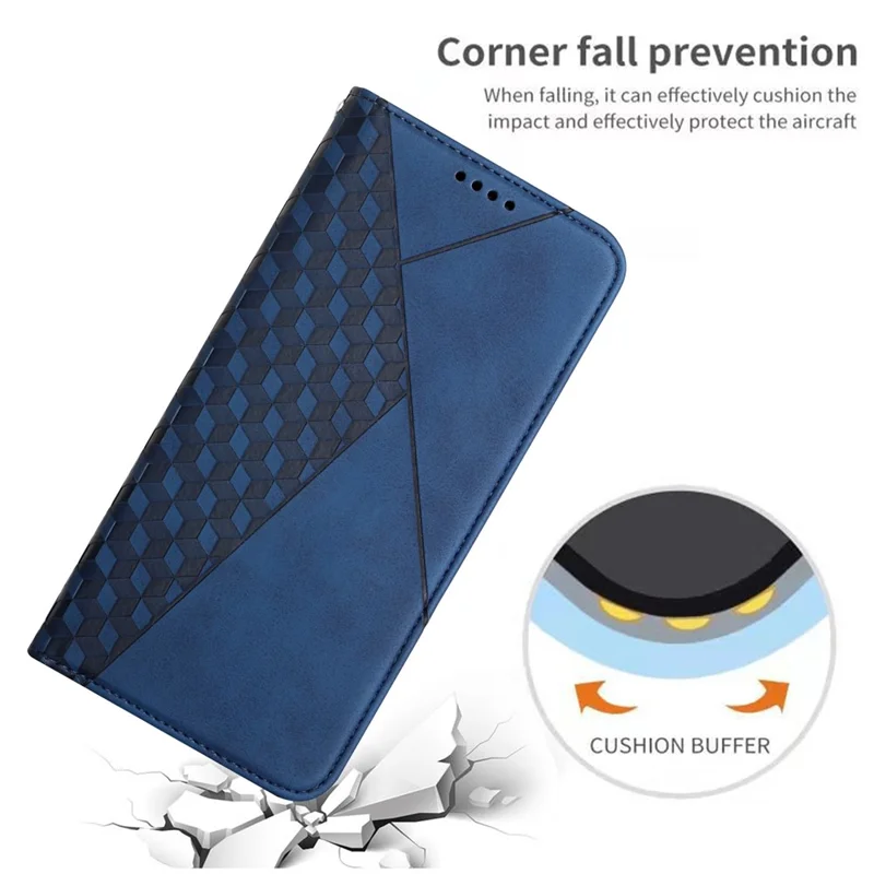 Rhombus Pattern Auto-absorbed Skin-touch Leather Phone Case Shell with Stand Wallet for Xiaomi Poco X3/Poco X3 NFC/Poco X3 Pro - Sapphire