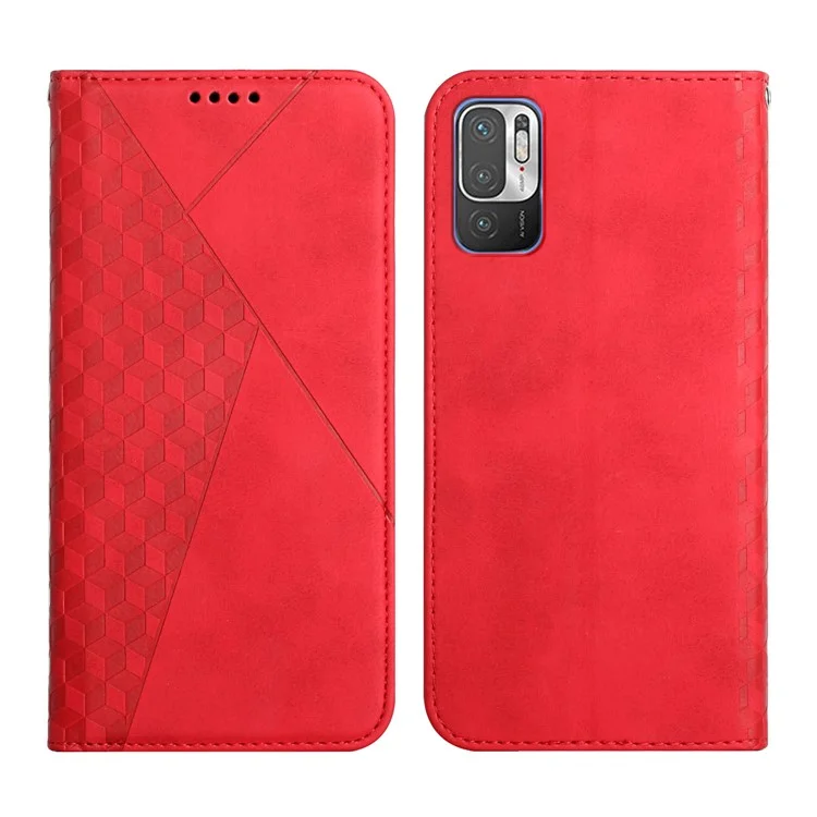 Custodia in pelle con chiusura magnetica, motivo a rombo, sensazione tattile, per Xiaomi Poco M3 Pro 4G/5G/Redmi Note 10 5G/Redmi Note 10T 5G - Rosso