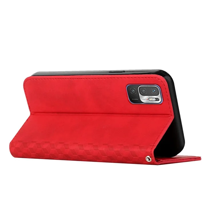 Custodia in pelle con chiusura magnetica, motivo a rombo, sensazione tattile, per Xiaomi Poco M3 Pro 4G/5G/Redmi Note 10 5G/Redmi Note 10T 5G - Rosso