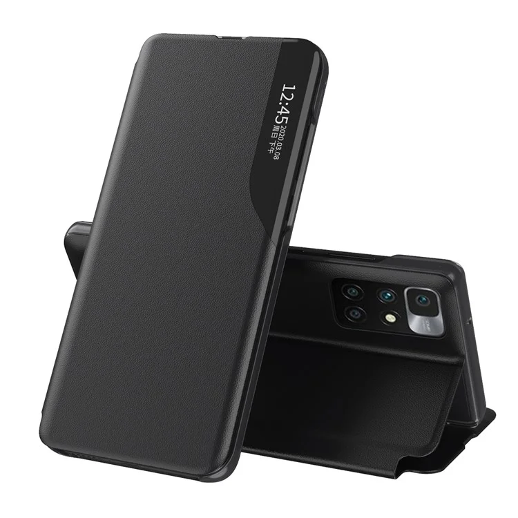 Vista de la cubierta del teléfono de la caja de cuero del diseño del estante de la ventana para Xiaomi Redmi 10 4G (2021) / Redmi 10 2022 4G / Redmi Note 11 4G (MediaTek) / Redmi 10 Prime - Negro
