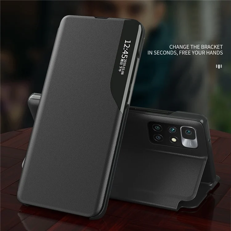 Vista de la cubierta del teléfono de la caja de cuero del diseño del estante de la ventana para Xiaomi Redmi 10 4G (2021) / Redmi 10 2022 4G / Redmi Note 11 4G (MediaTek) / Redmi 10 Prime - Negro