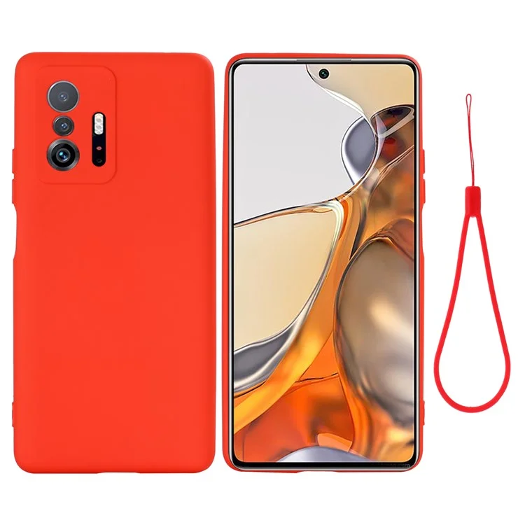 Liquid Silicone Phone Case Shockproof Precise Cutout Solid Color Phone Cover with Handy Strap for Xiaomi 11T / 11T Pro - Red