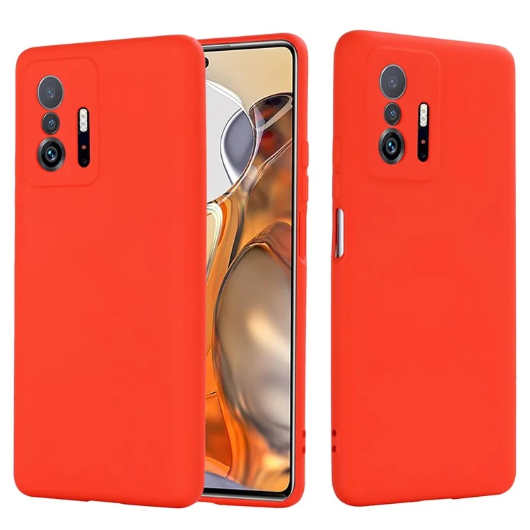 Liquid Silicone Phone Case Shockproof Precise Cutout Solid Color Phone Cover with Handy Strap for Xiaomi 11T / 11T Pro - Red