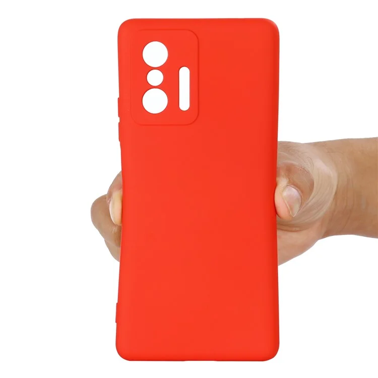 Liquid Silicone Phone Case Shockproof Precise Cutout Solid Color Phone Cover with Handy Strap for Xiaomi 11T / 11T Pro - Red