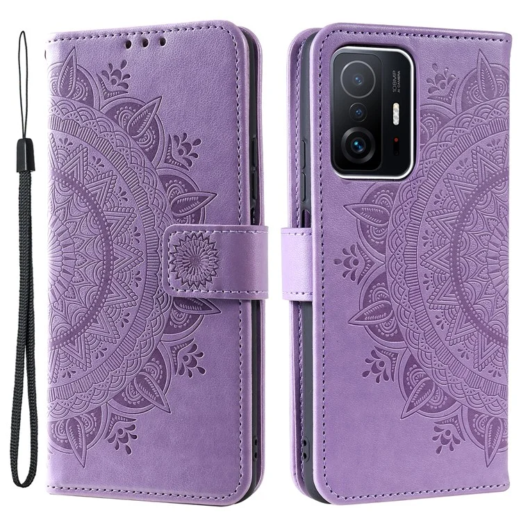 Imprinted Mandala Flower Wallet Stand Leather Cover Phone Case with Wrist Strap for Xiaomi 11T / 11T Pro - Purple