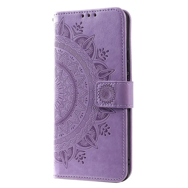 Imprinted Mandala Flower Wallet Stand Leather Cover Phone Case with Wrist Strap for Xiaomi 11T / 11T Pro - Purple