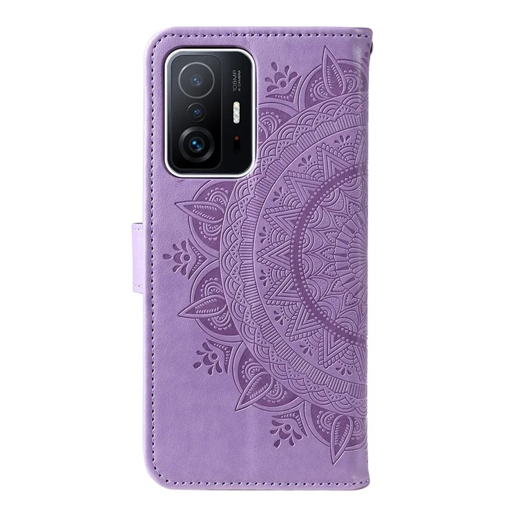 Imprinted Mandala Flower Wallet Stand Leather Cover Phone Case with Wrist Strap for Xiaomi 11T / 11T Pro - Purple