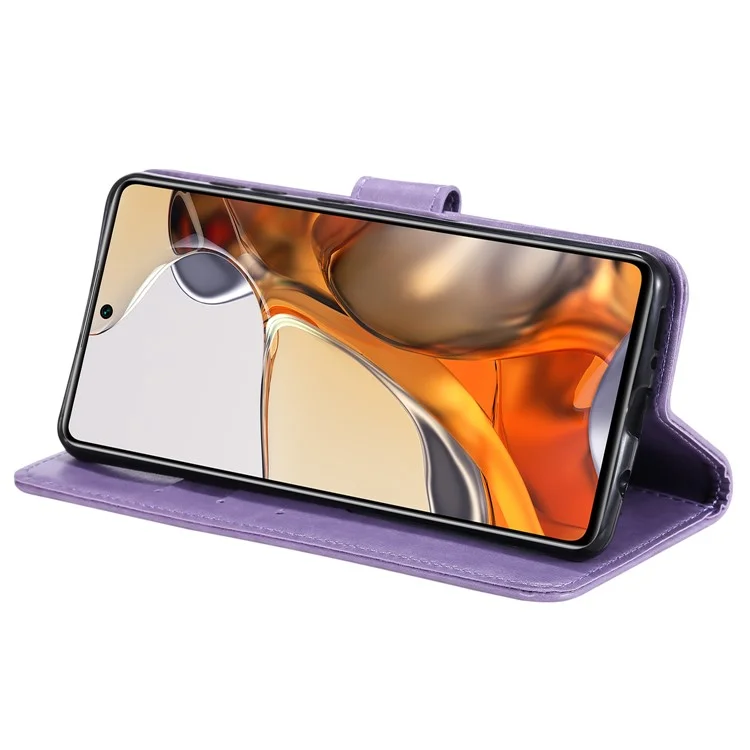 Чехол-книжка для Xiaomi 11T / 11T Pro, с кожаным покрытием, с изображением мандалы, с подставкой и ремешком на запястье - фиолетовый