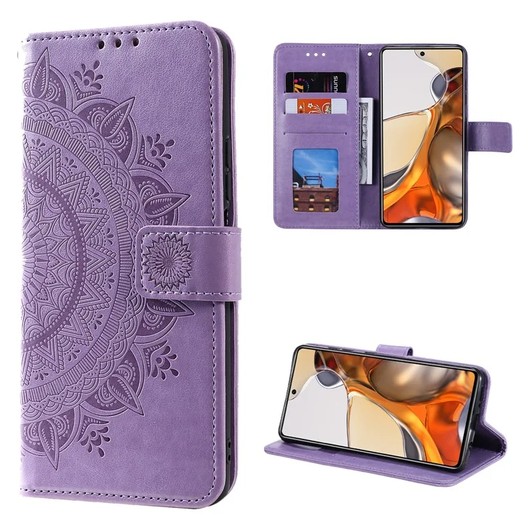 Imprinted Mandala Flower Wallet Stand Leather Cover Phone Case with Wrist Strap for Xiaomi 11T / 11T Pro - Purple