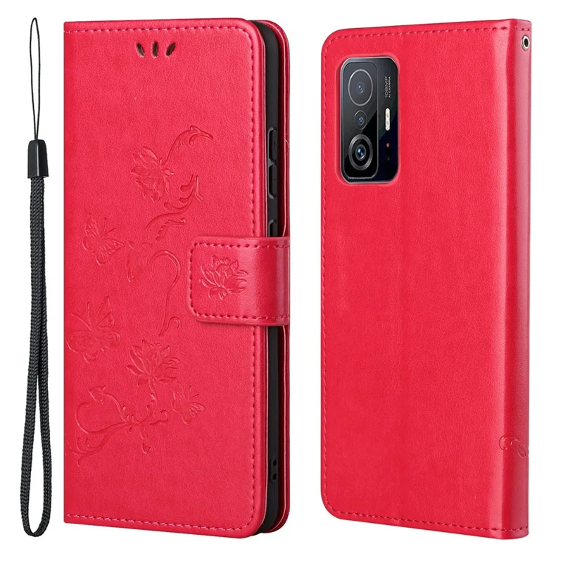 Butterfly and Flower Imprinting Leather Cover Phone Standing Wallet Shell with Hand Strap for Xiaomi 11T / 11T Pro - Red