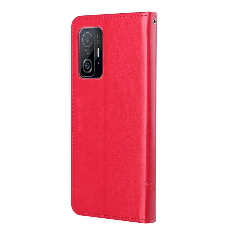 Butterfly and Flower Imprinting Leather Cover Phone Standing Wallet Shell with Hand Strap for Xiaomi 11T / 11T Pro - Red